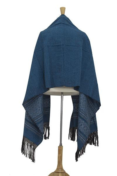 Zapotec cotton rebozo shawl, 'Blue Zapotec Treasures'