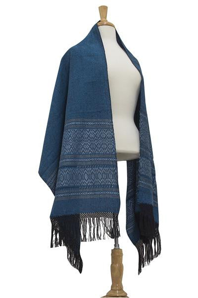 Zapotec cotton rebozo shawl, 'Blue Zapotec Treasures'