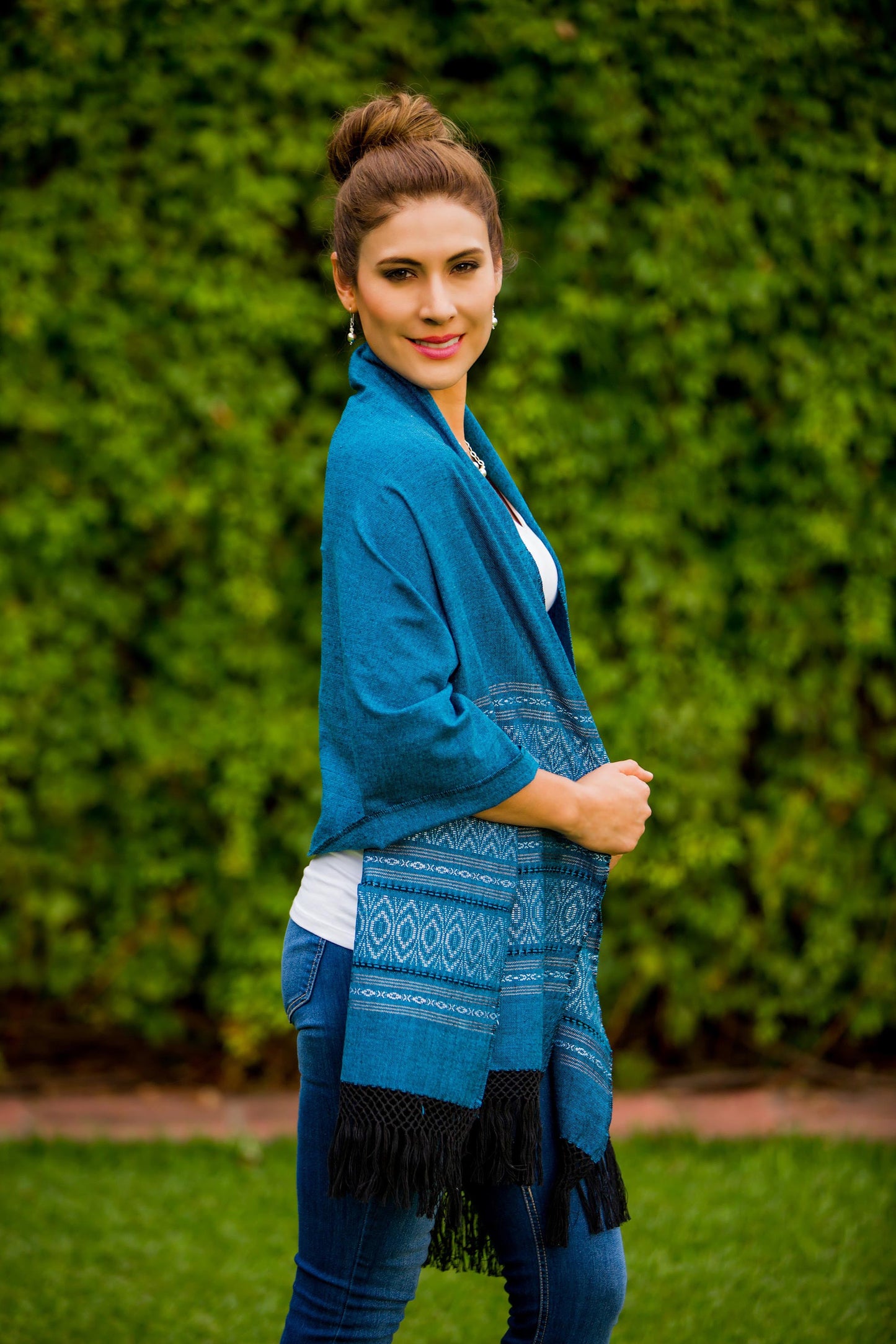 Zapotec cotton rebozo shawl, 'Blue Zapotec Treasures'