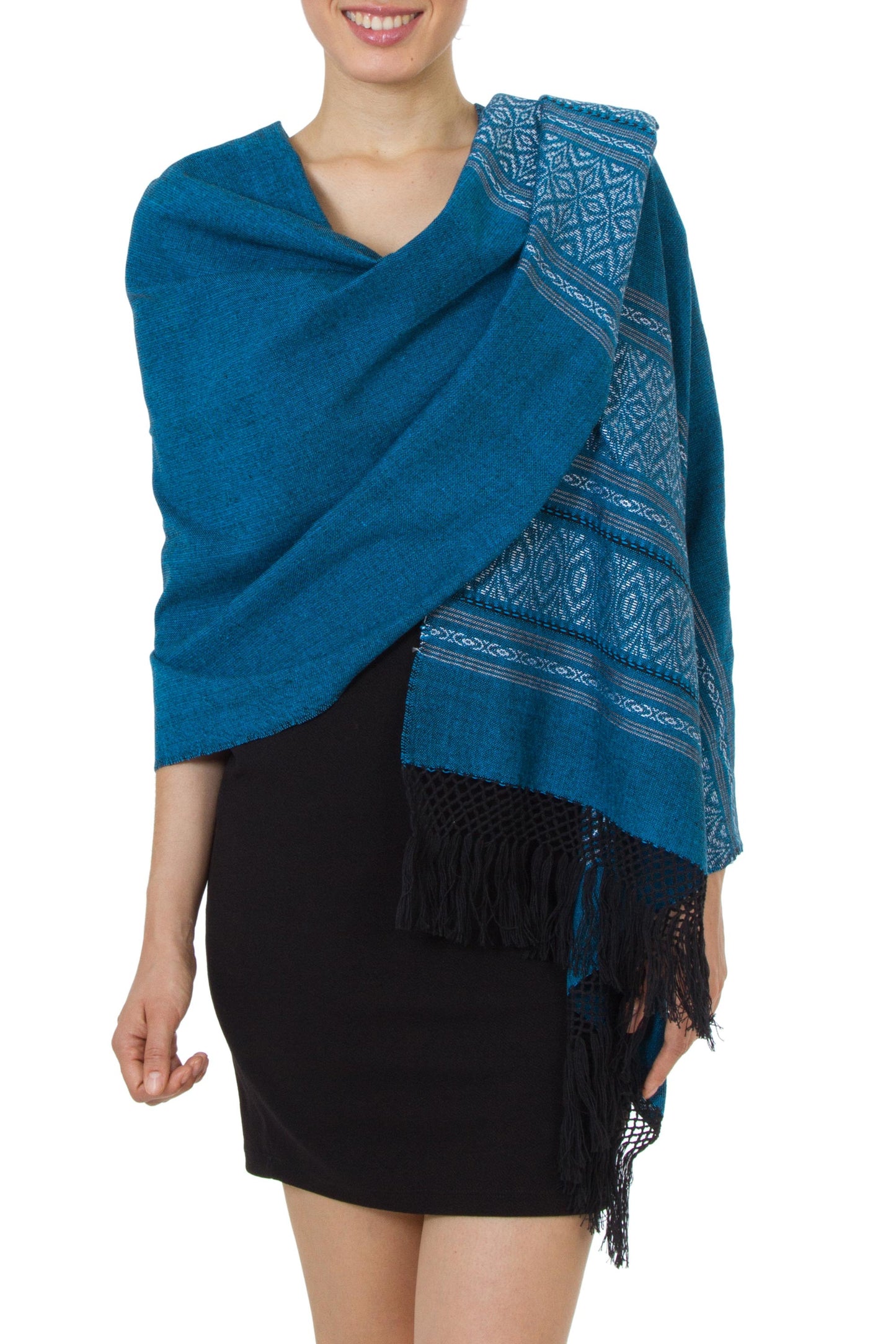 Zapotec cotton rebozo shawl, 'Blue Zapotec Treasures'