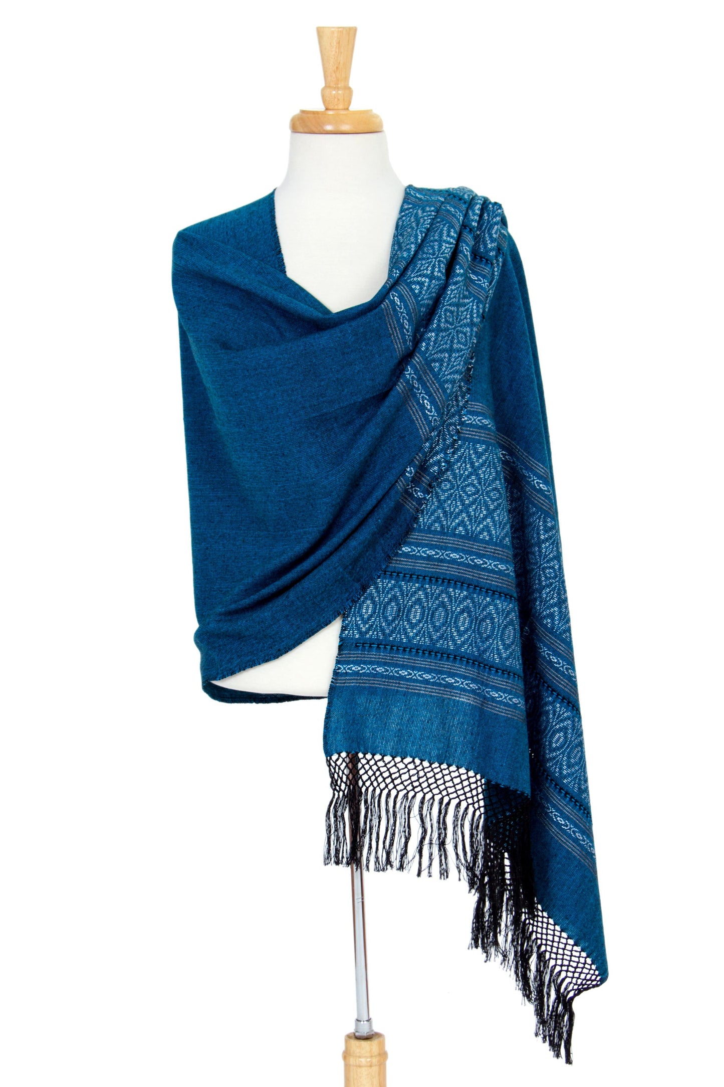 Zapotec cotton rebozo shawl, 'Blue Zapotec Treasures'