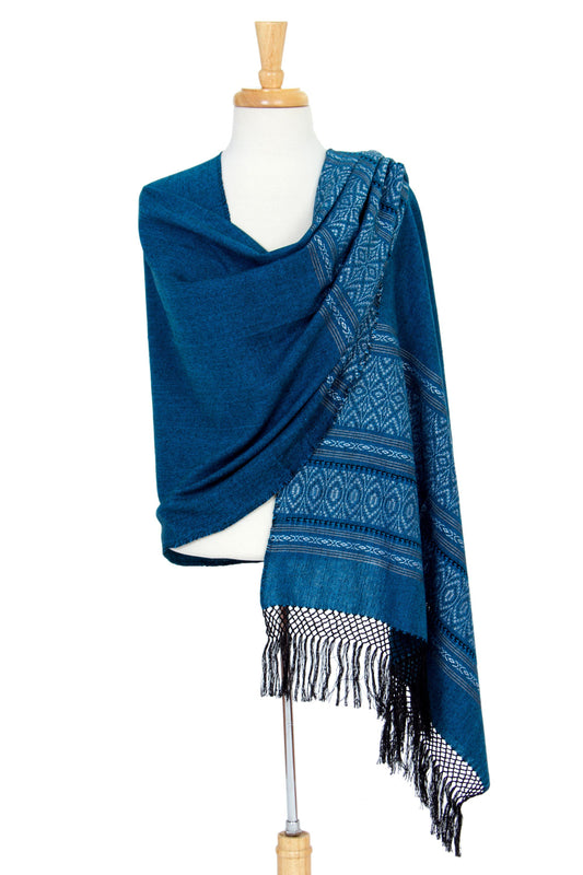 Zapotec cotton rebozo shawl, 'Blue Zapotec Treasures'
