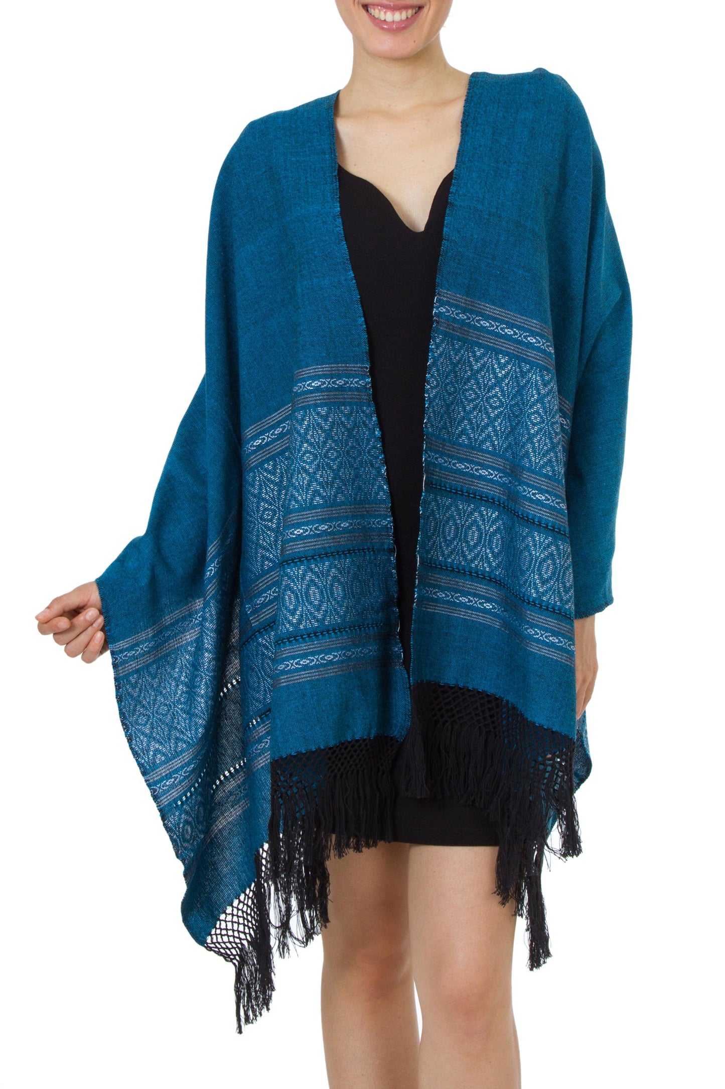 Zapotec cotton rebozo shawl, 'Blue Zapotec Treasures'