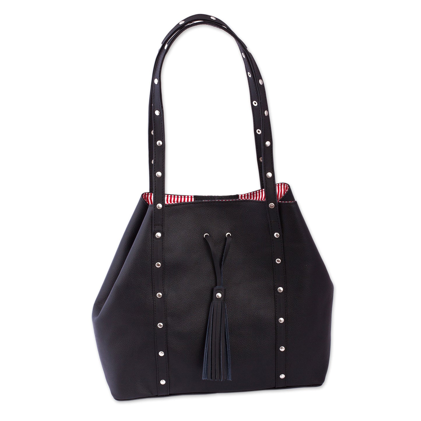 'Confidence' Black Leather Shoulder Bag with Red Striped Lining