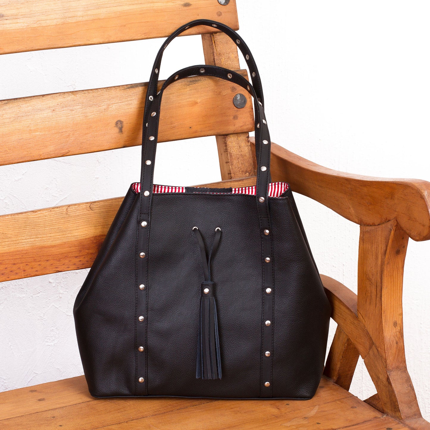 'Confidence' Black Leather Shoulder Bag with Red Striped Lining