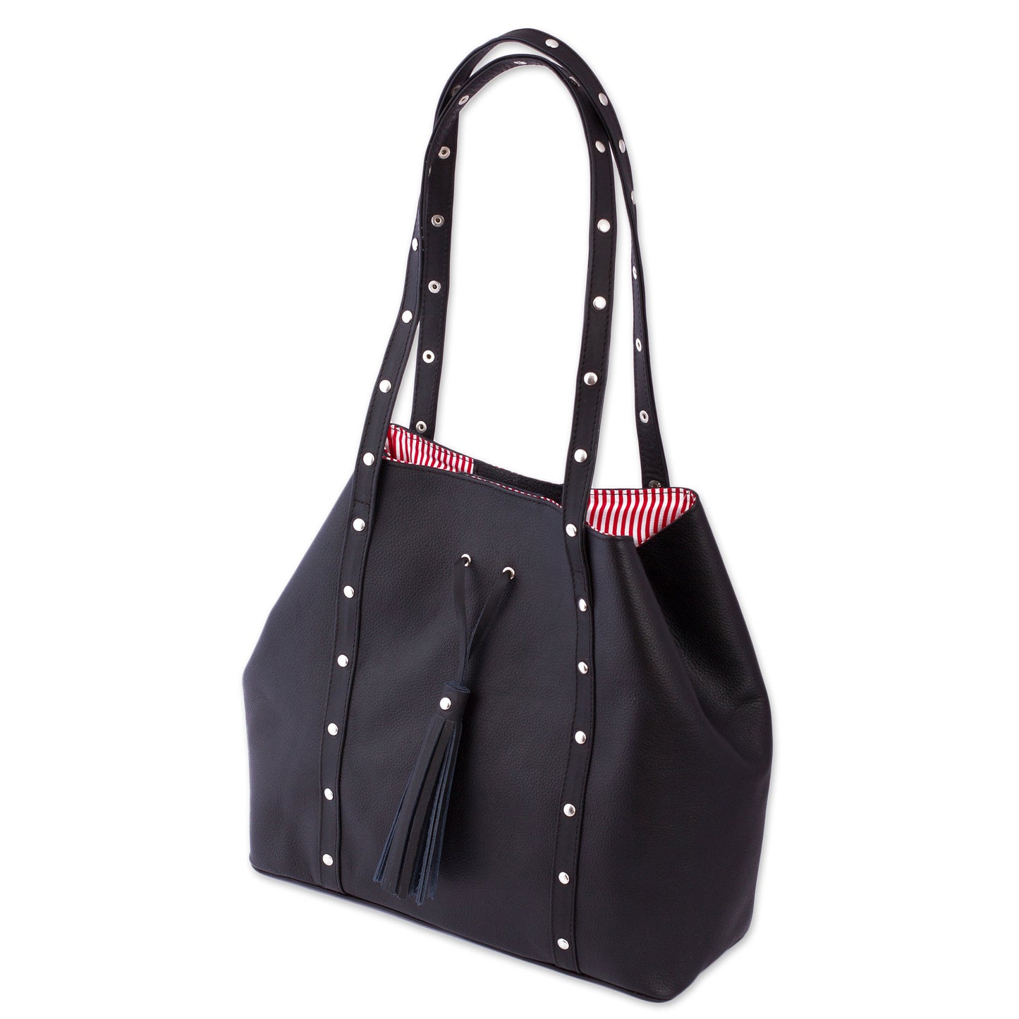 'Confidence' Black Leather Shoulder Bag with Red Striped Lining