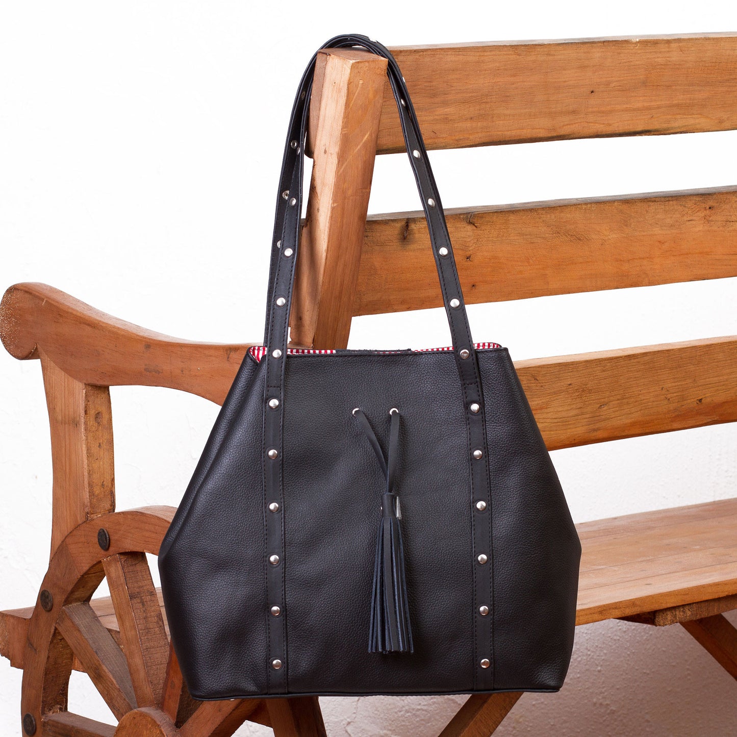 'Confidence' Black Leather Shoulder Bag with Red Striped Lining