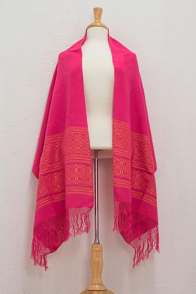 Zapotec cotton rebozo shawl, 'Coral Zapotec Treasures'