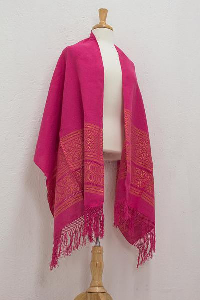 Zapotec cotton rebozo shawl, 'Coral Zapotec Treasures'