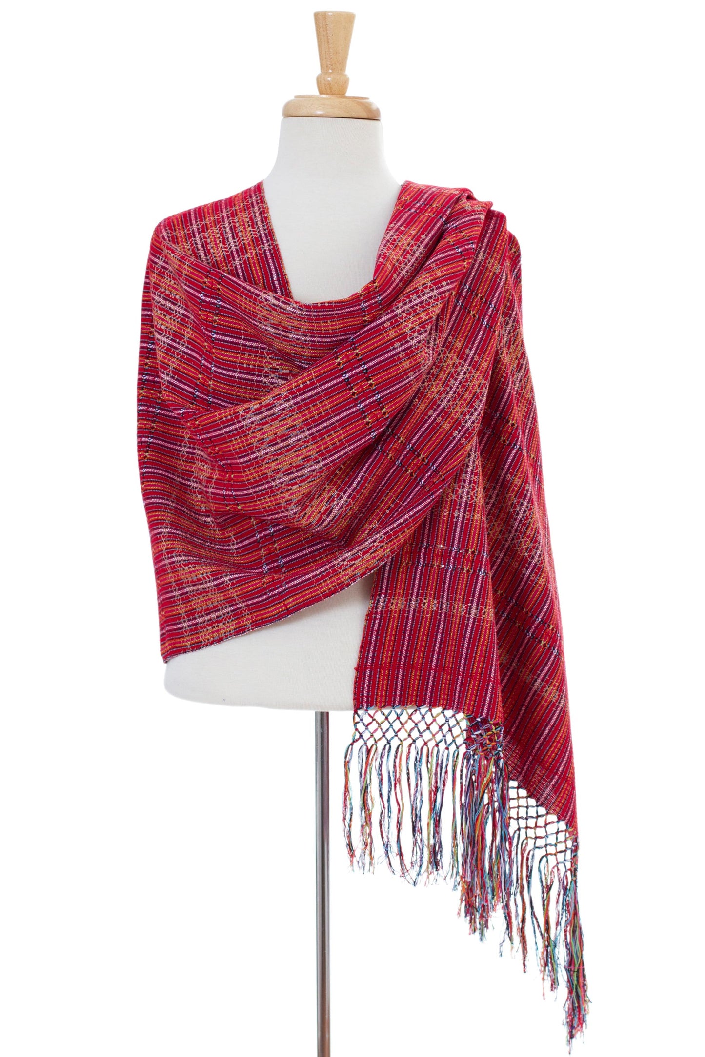 'Crimson Journeys' 100% Cotton Shawl Crimson Stripes from Mexico