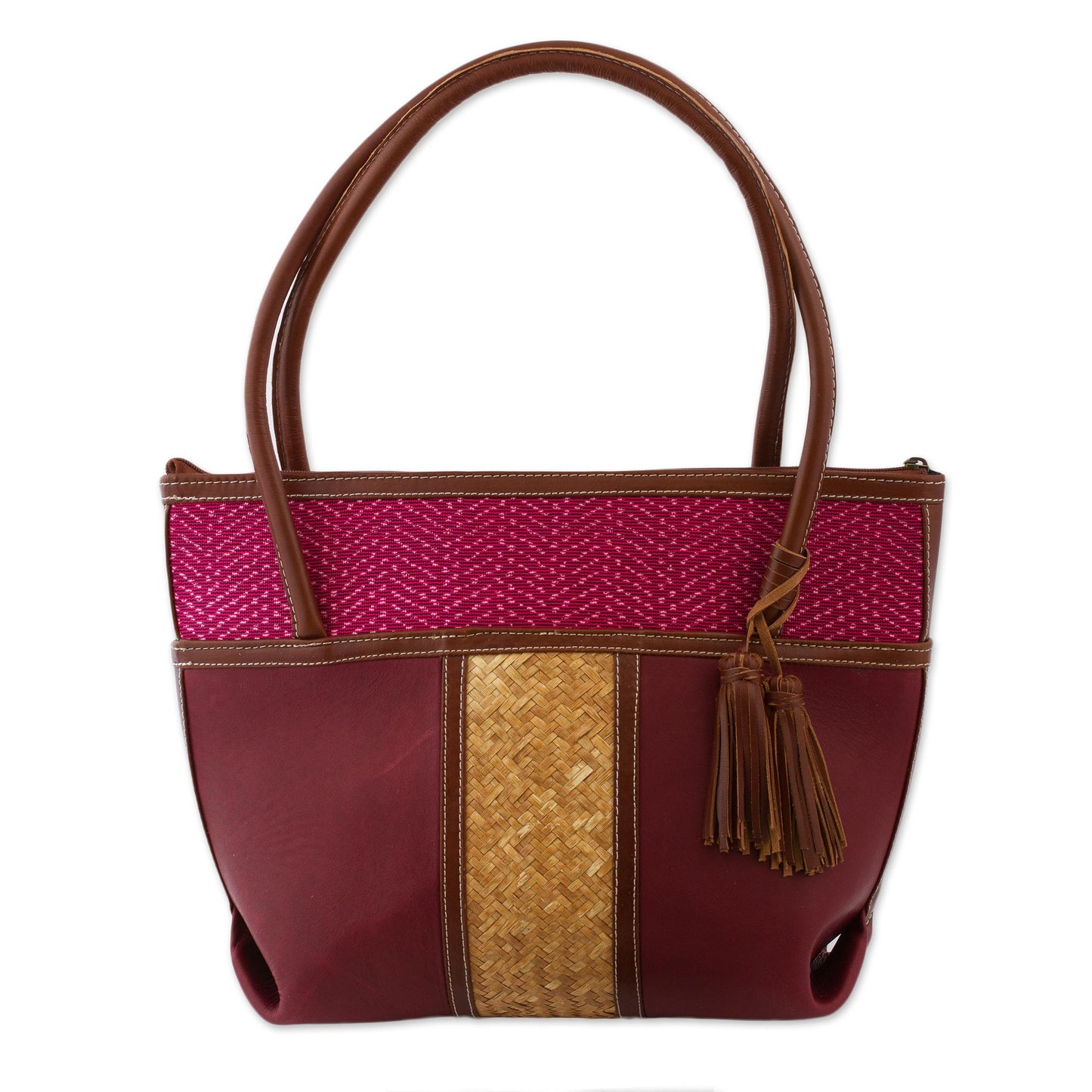 'Maroon Intersection' Handcrafted Leather and Palm Shoulder Bag