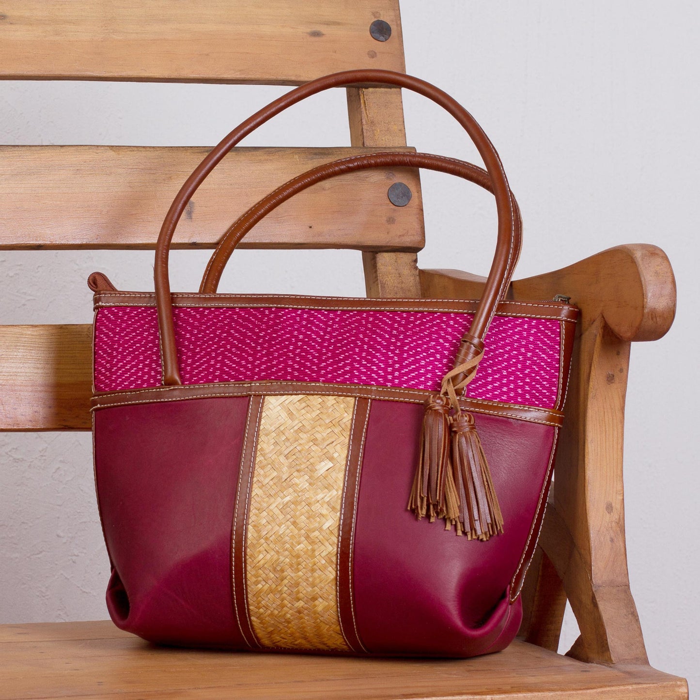 'Maroon Intersection' Handcrafted Leather and Palm Shoulder Bag