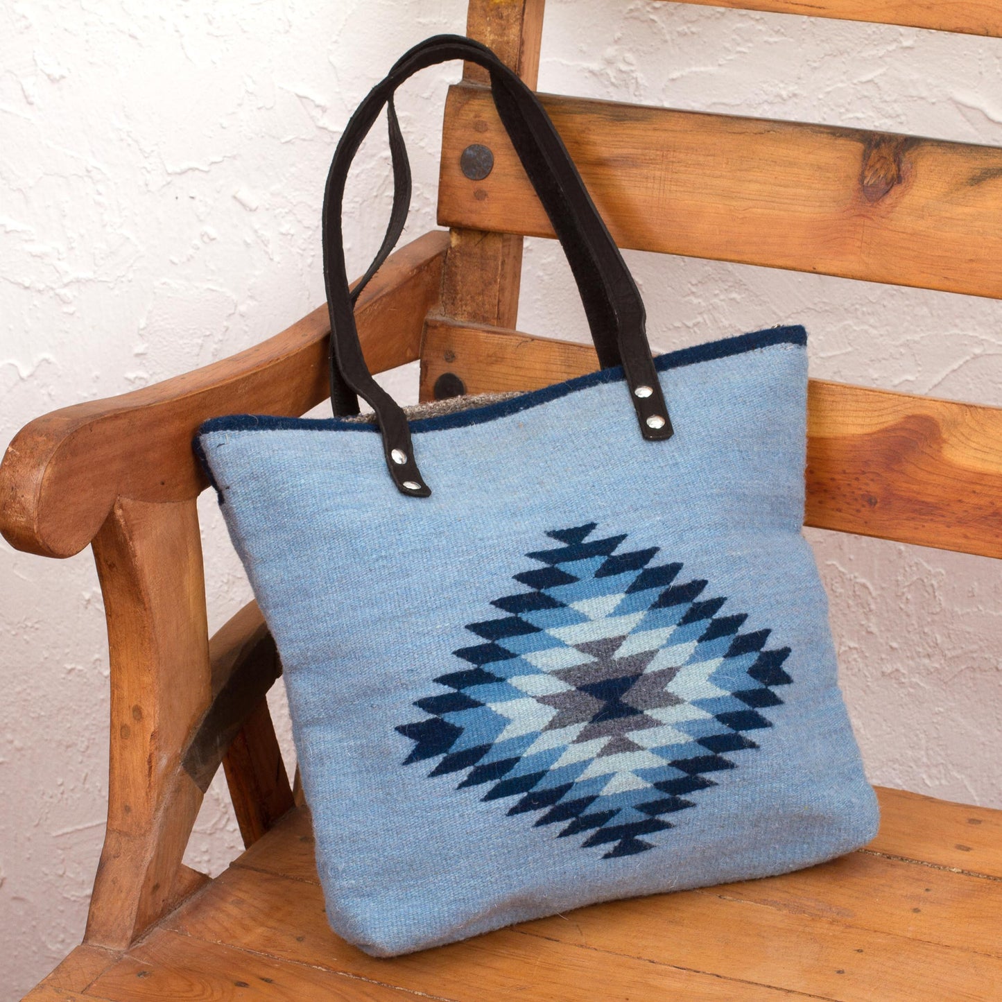 'Mexican Sky' Blue Wool and Leather Accent Tote Handbag