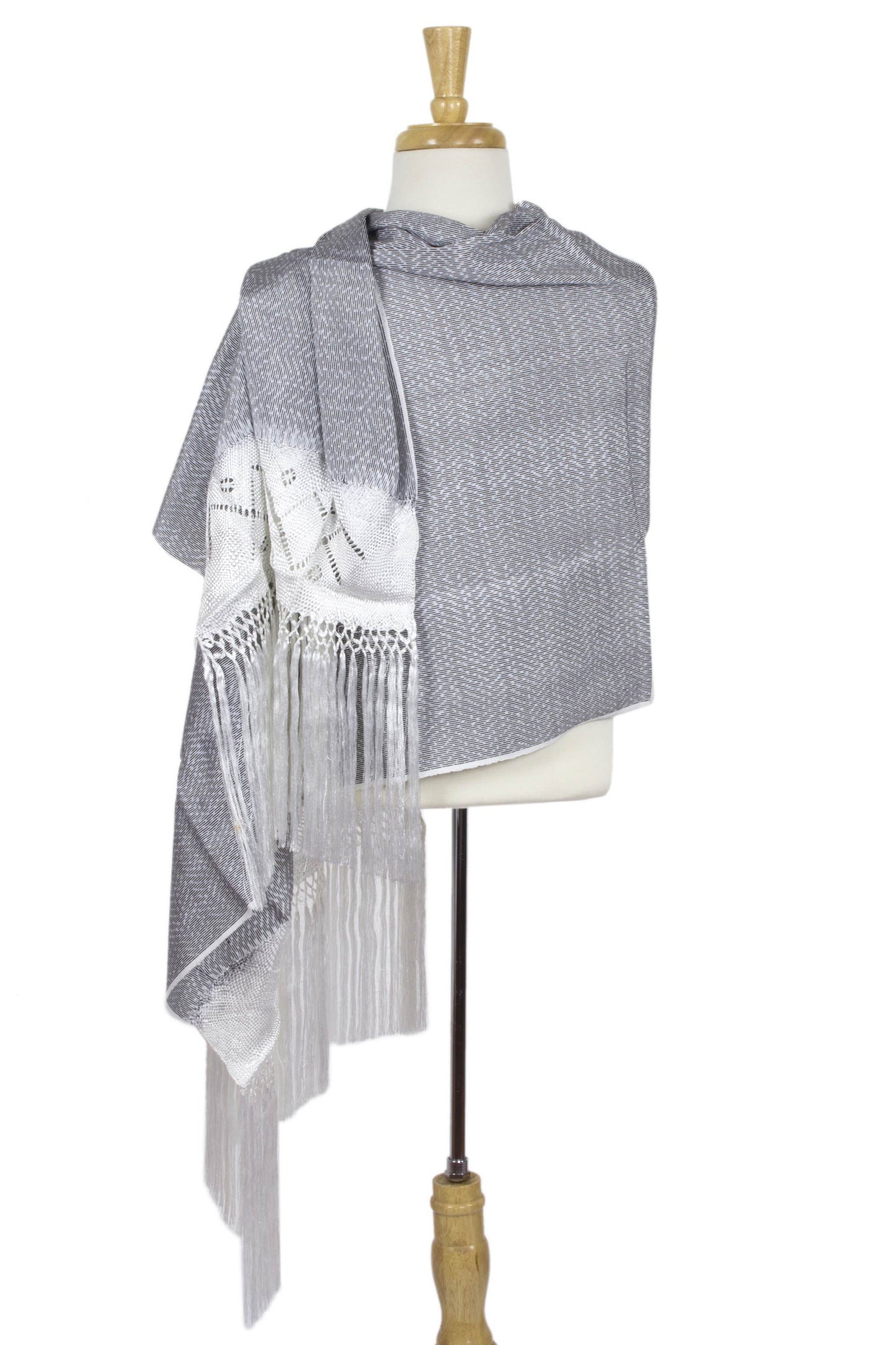 'Myth of Starlight' Hand Woven White-Grey Mexican Rebozo Shawl