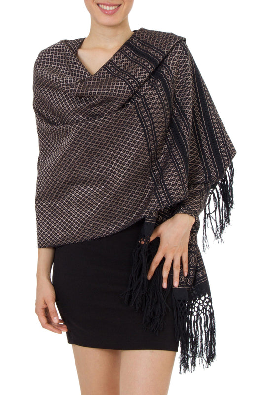 'Night of Golden Stars' Handwoven Black Cotton Rebozo Shawl with Golden Accents