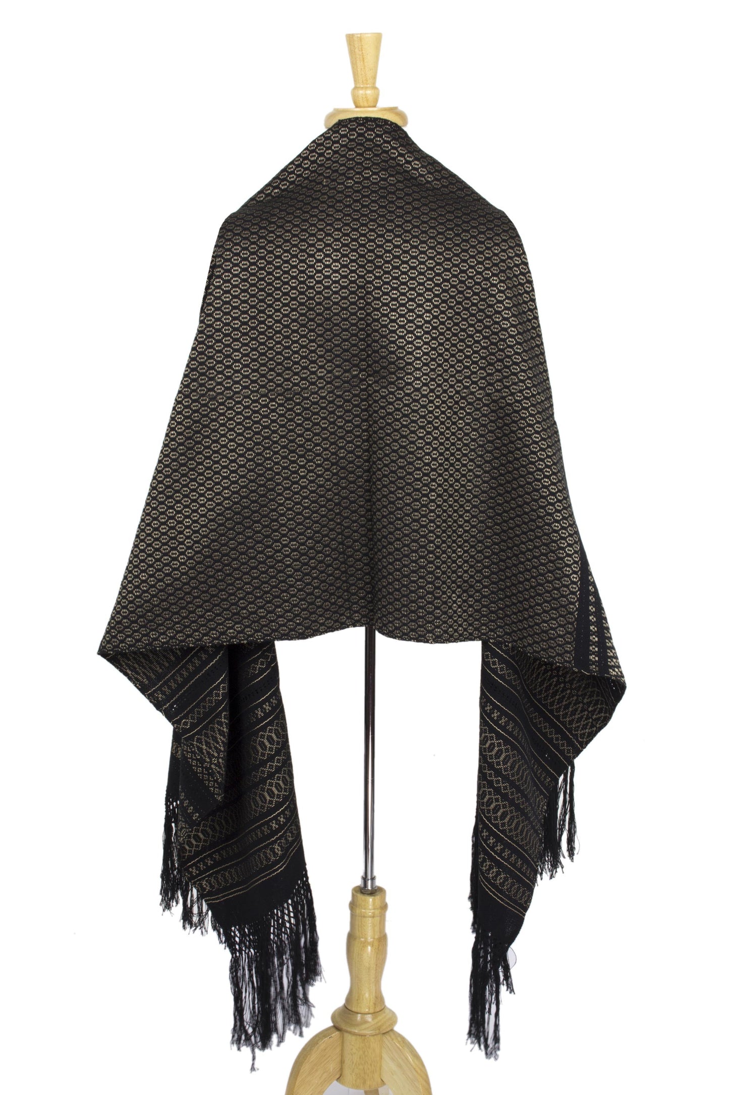 'Night of Golden Stars' Handwoven Black Cotton Rebozo Shawl with Golden Accents