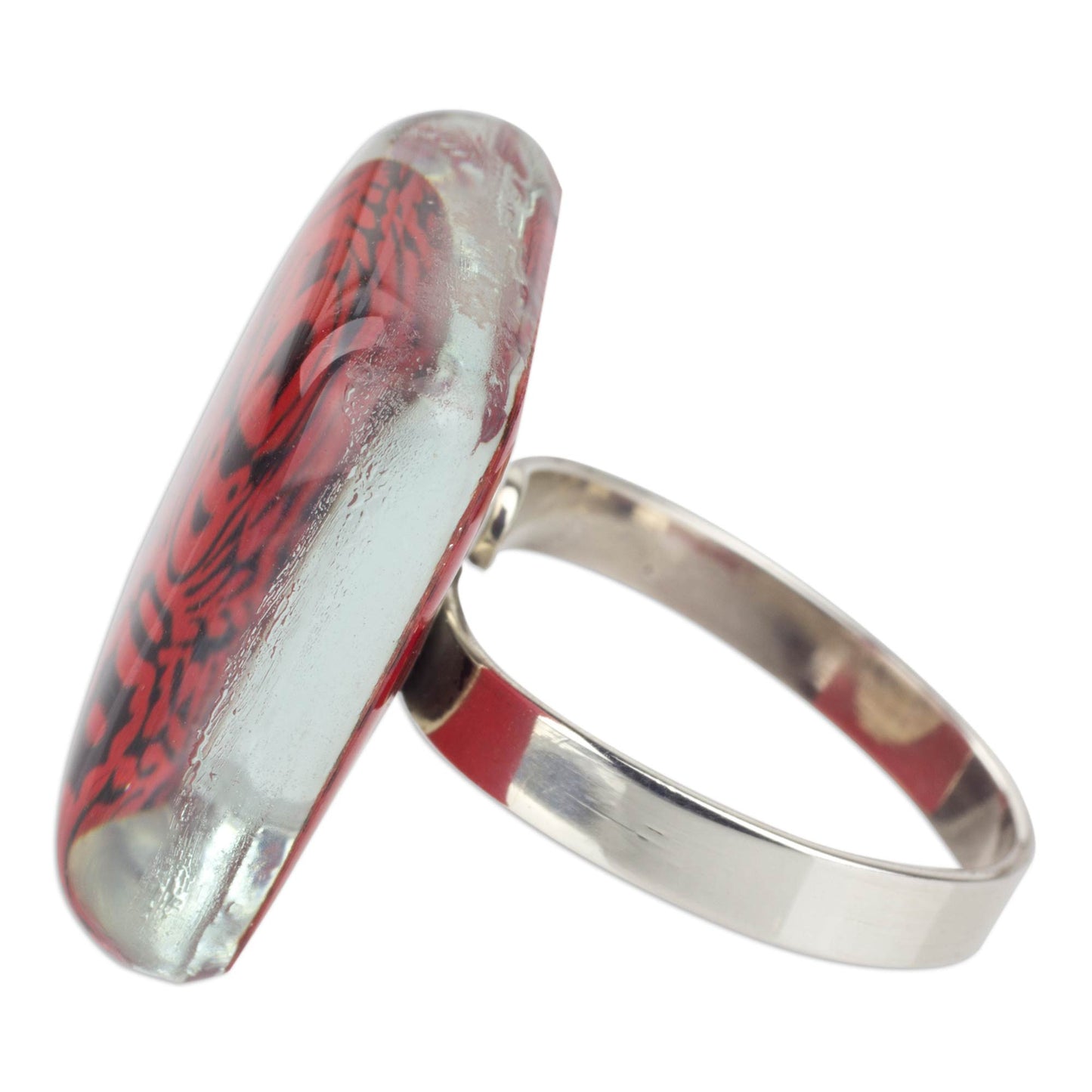 'Oaxaca Dreams' Red Birds and Flowers on Art Glass Cocktail Ring