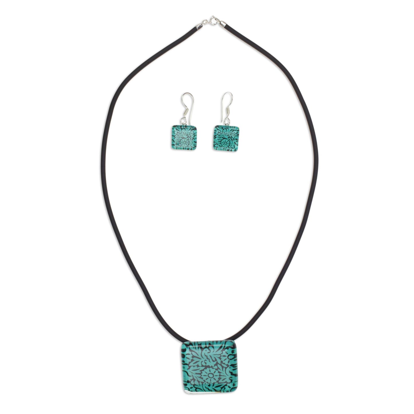 'Oaxaca Wonder' Green Oaxacan Birds and Flowers on Art Glass Jewelry Set