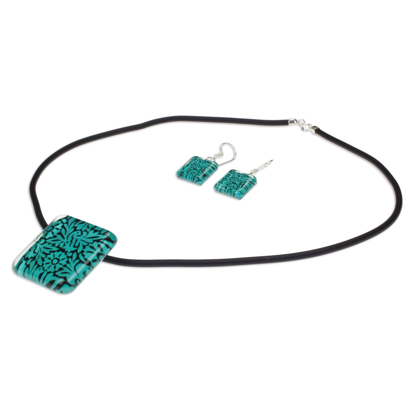 'Oaxaca Wonder' Green Oaxacan Birds and Flowers on Art Glass Jewelry Set