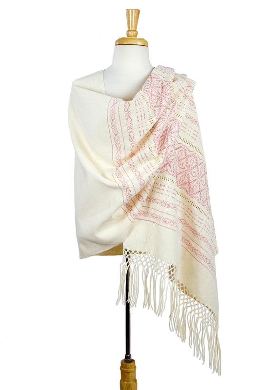 'Pink Stars of Teotitlan' Cotton Handwoven Zapotec Rebozo Shawl