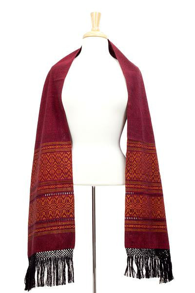 Zapotec cotton rebozo shawl, 'Red Zapotec Treasures'