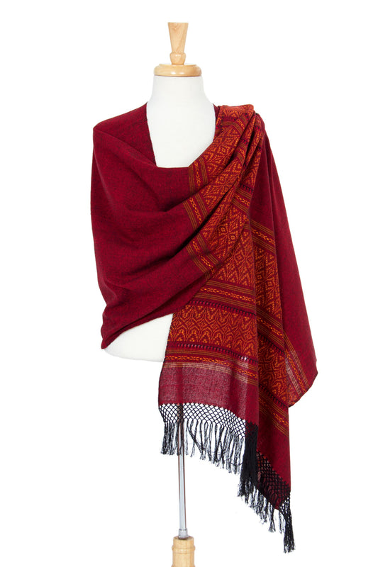 Zapotec cotton rebozo shawl, 'Red Zapotec Treasures'