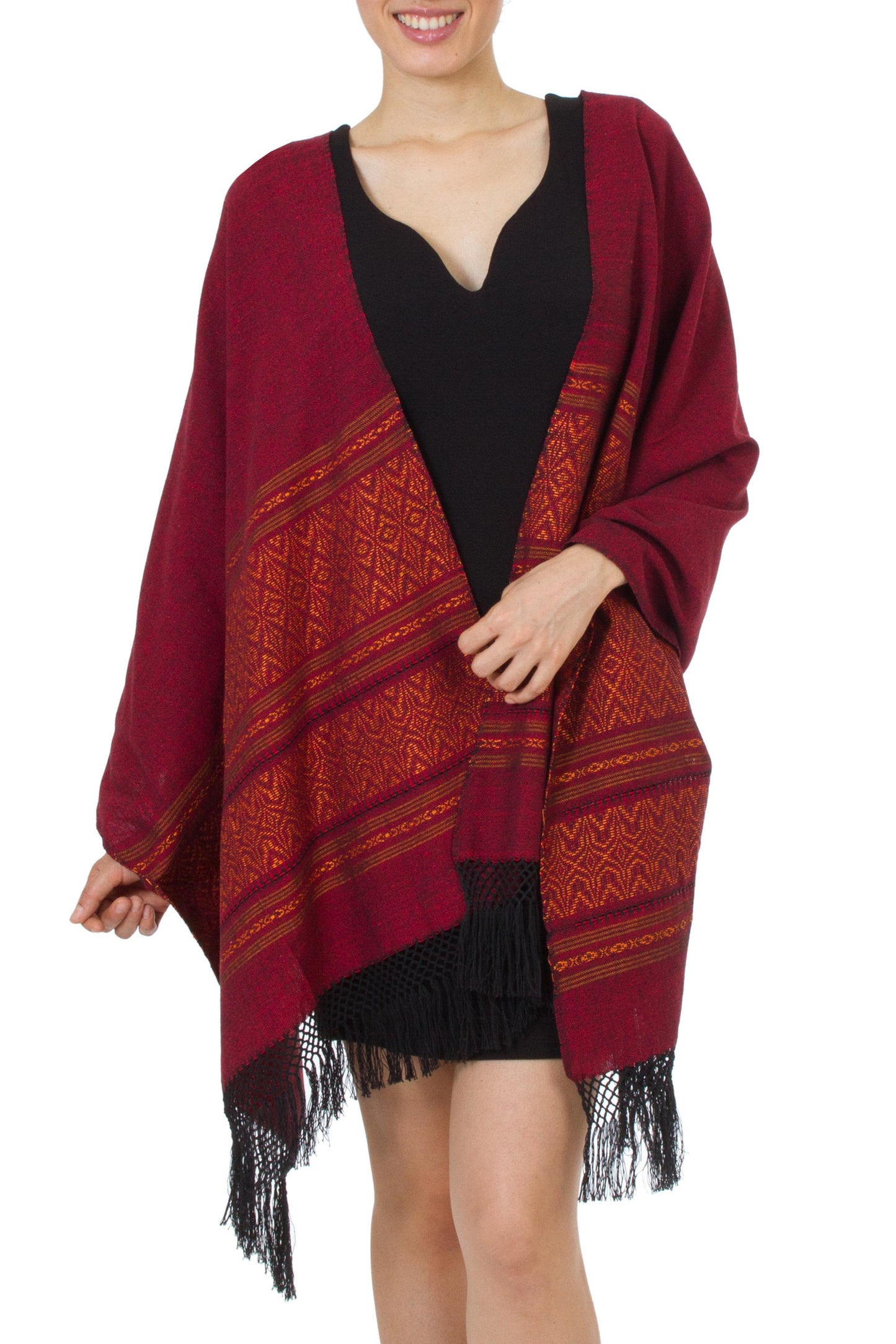 Zapotec cotton rebozo shawl, 'Red Zapotec Treasures'