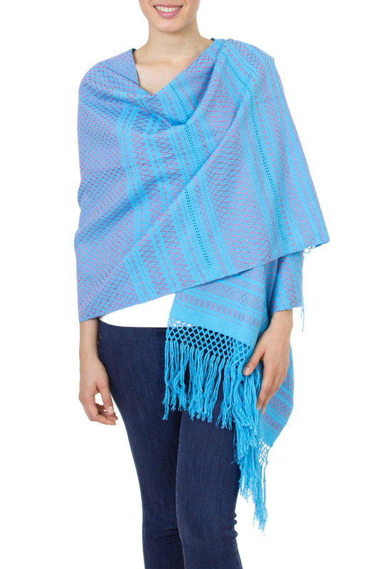 'Sky Fiesta' Handwoven Blue Cotton Zapotec Rebozo Shawl with Pink Motifs