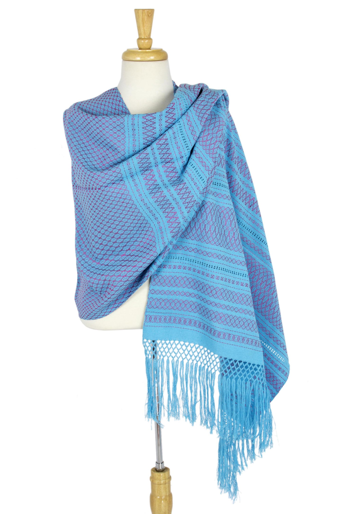 'Sky Fiesta' Handwoven Blue Cotton Zapotec Rebozo Shawl with Pink Motifs