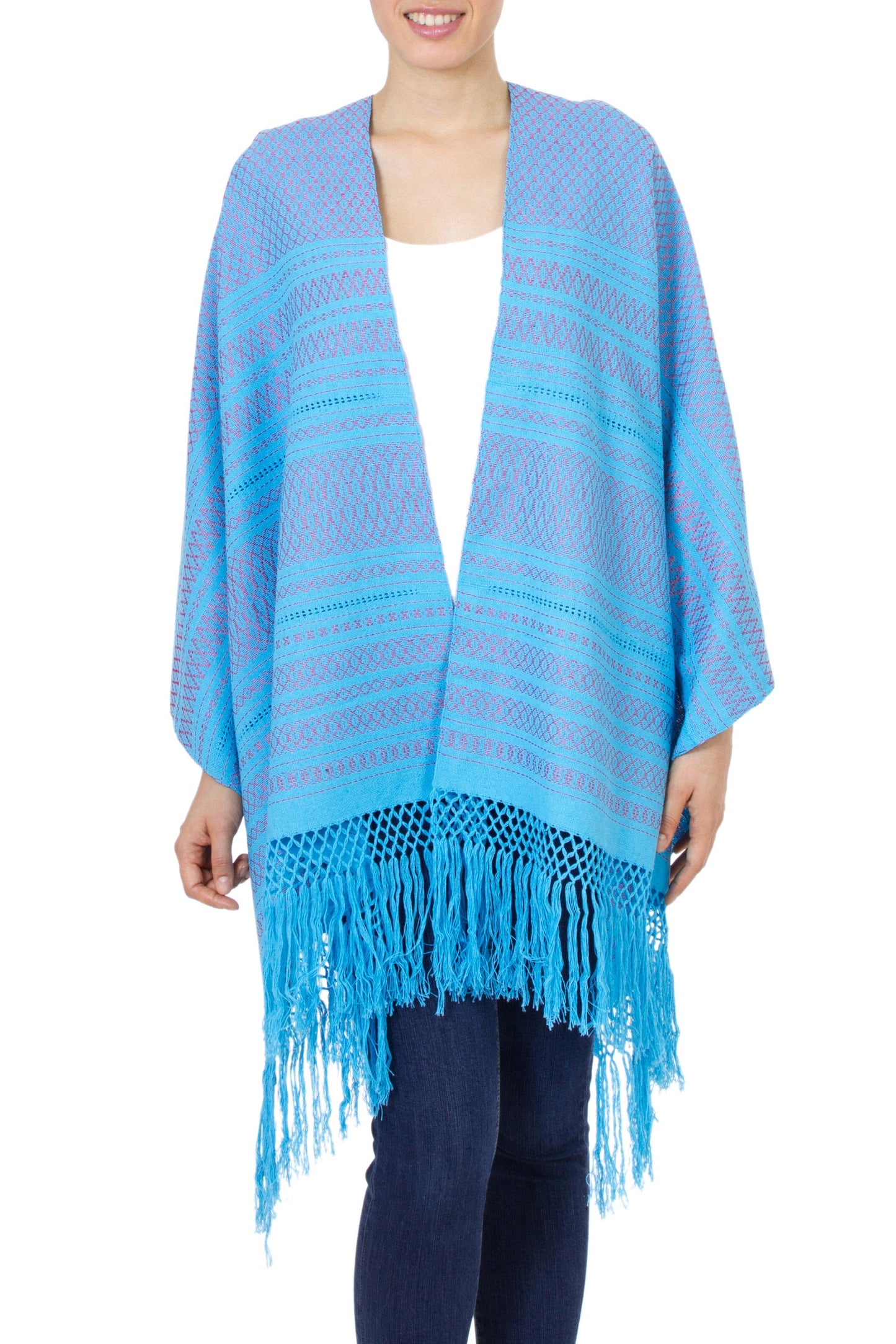 'Sky Fiesta' Handwoven Blue Cotton Zapotec Rebozo Shawl with Pink Motifs