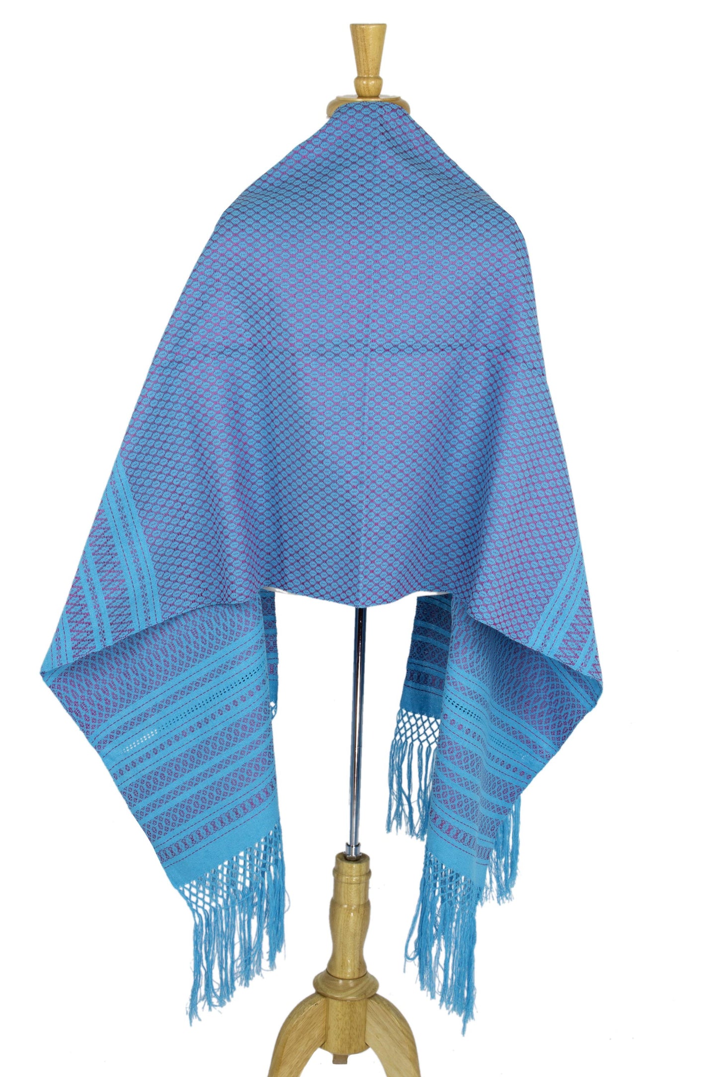 'Sky Fiesta' Handwoven Blue Cotton Zapotec Rebozo Shawl with Pink Motifs