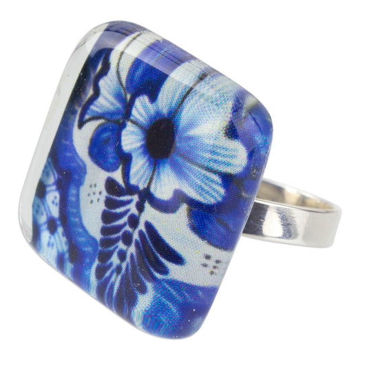 'Talavera Fantasy' Talavera Style 925 Silver & Art Glass Cocktail Ring