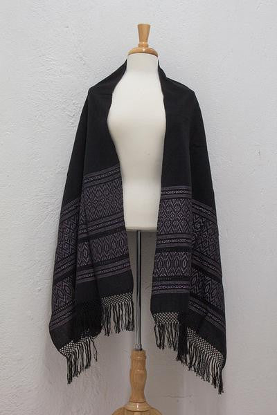 Zapotec cotton rebozo shawl, 'Black Zapotec Treasures'