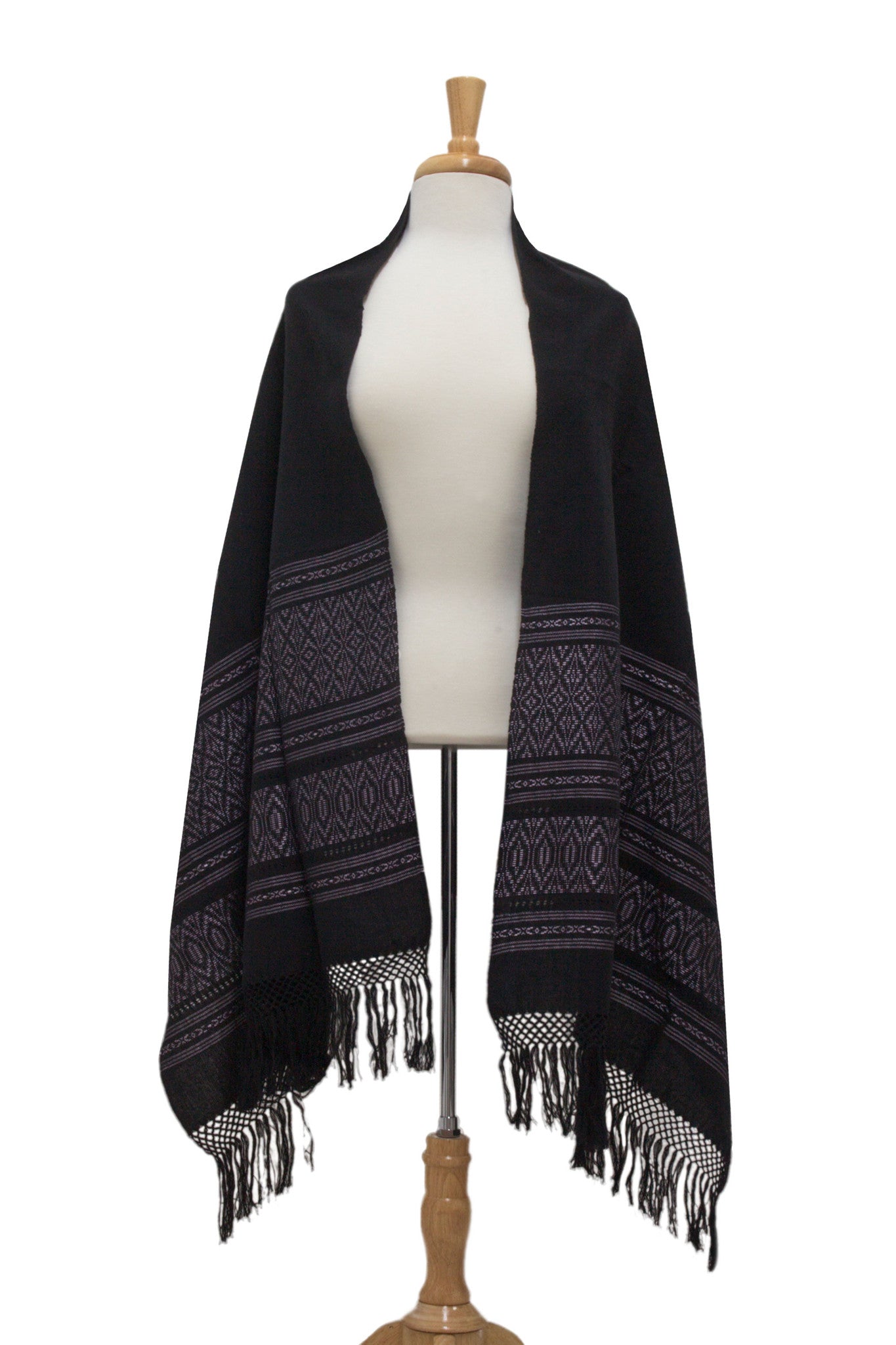 Zapotec cotton rebozo shawl, 'Black Zapotec Treasures'