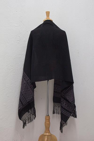 Zapotec cotton rebozo shawl, 'Black Zapotec Treasures'