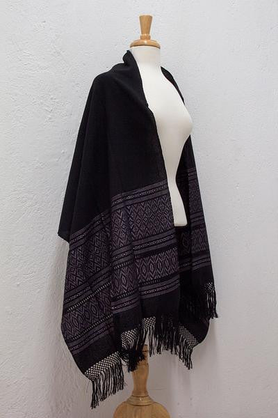 Zapotec cotton rebozo shawl, 'Black Zapotec Treasures'