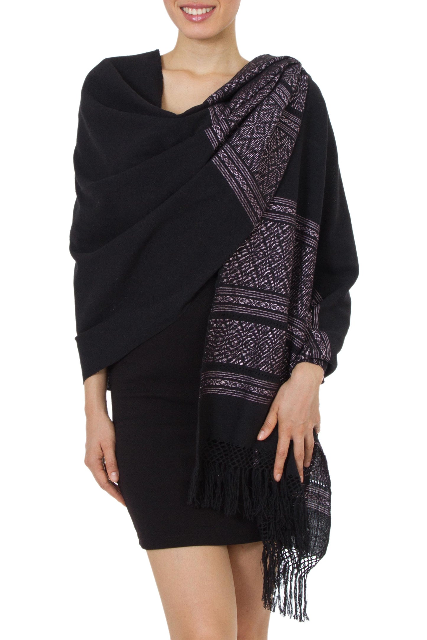 Zapotec cotton rebozo shawl, 'Black Zapotec Treasures'