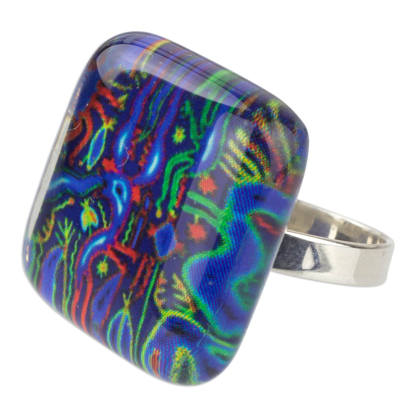 'Blue Huichol' 925 Silver Cocktail Ring with Art Glass