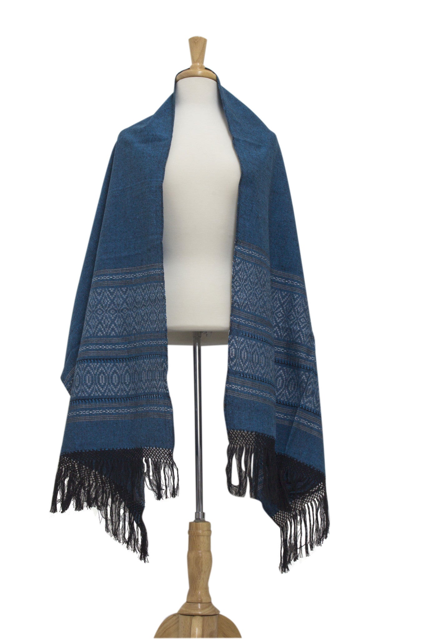 Zapotec cotton rebozo shawl, 'Blue Zapotec Treasures'