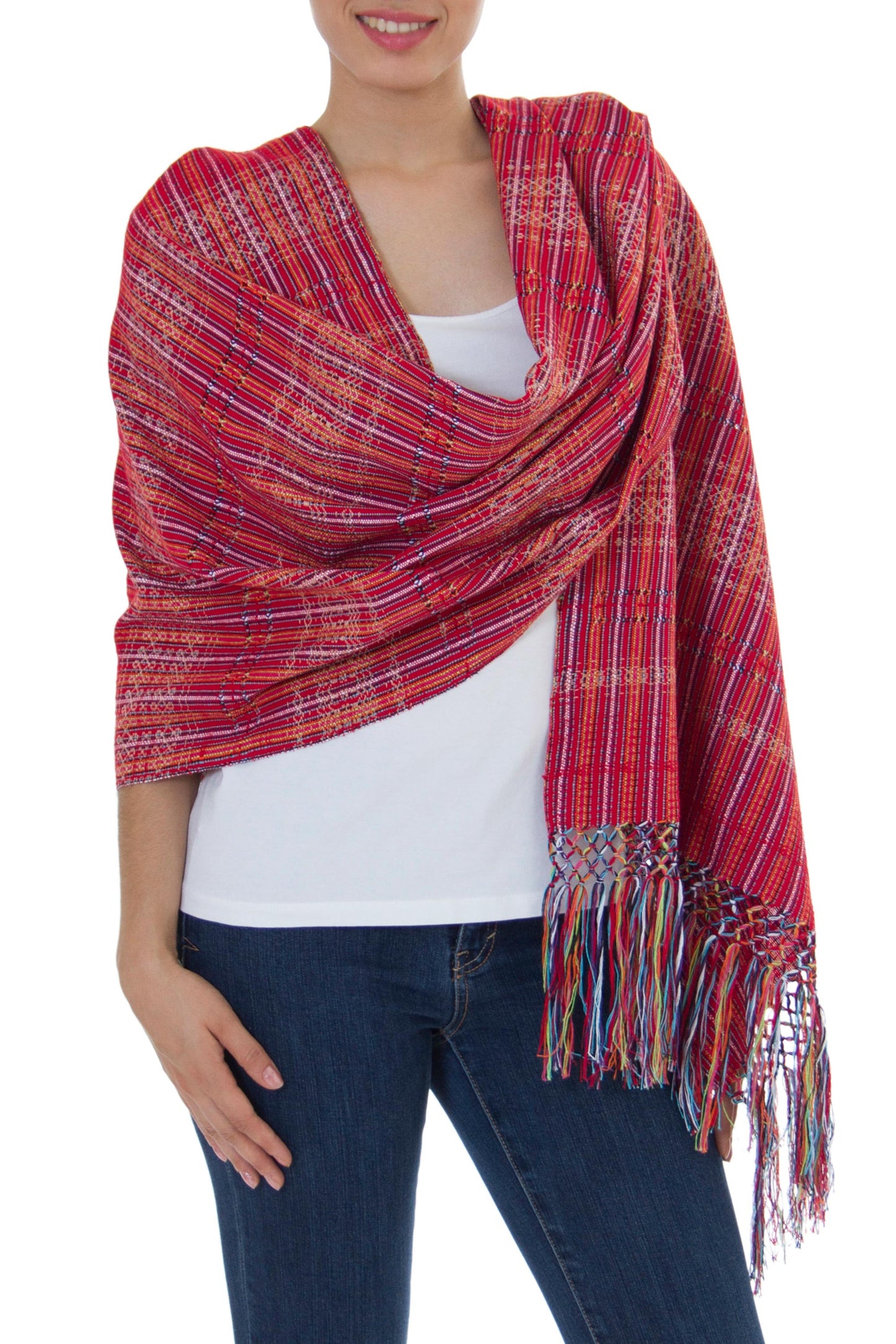 'Crimson Journeys' 100% Cotton Shawl Crimson Stripes from Mexico