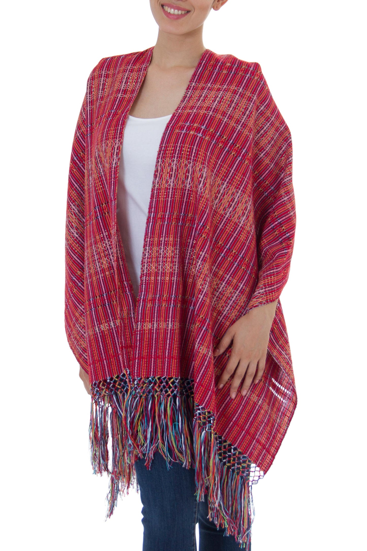 'Crimson Journeys' 100% Cotton Shawl Crimson Stripes from Mexico