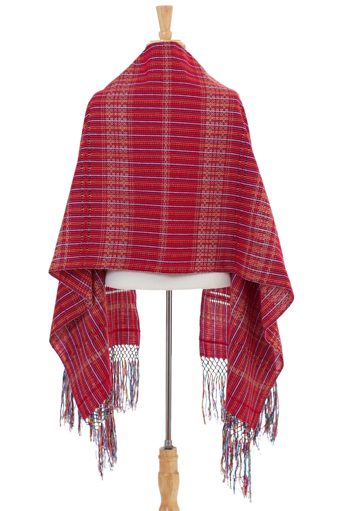 'Crimson Journeys' 100% Cotton Shawl Crimson Stripes from Mexico