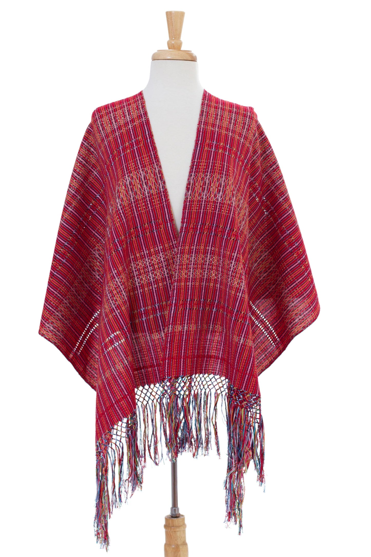 'Crimson Journeys' 100% Cotton Shawl Crimson Stripes from Mexico