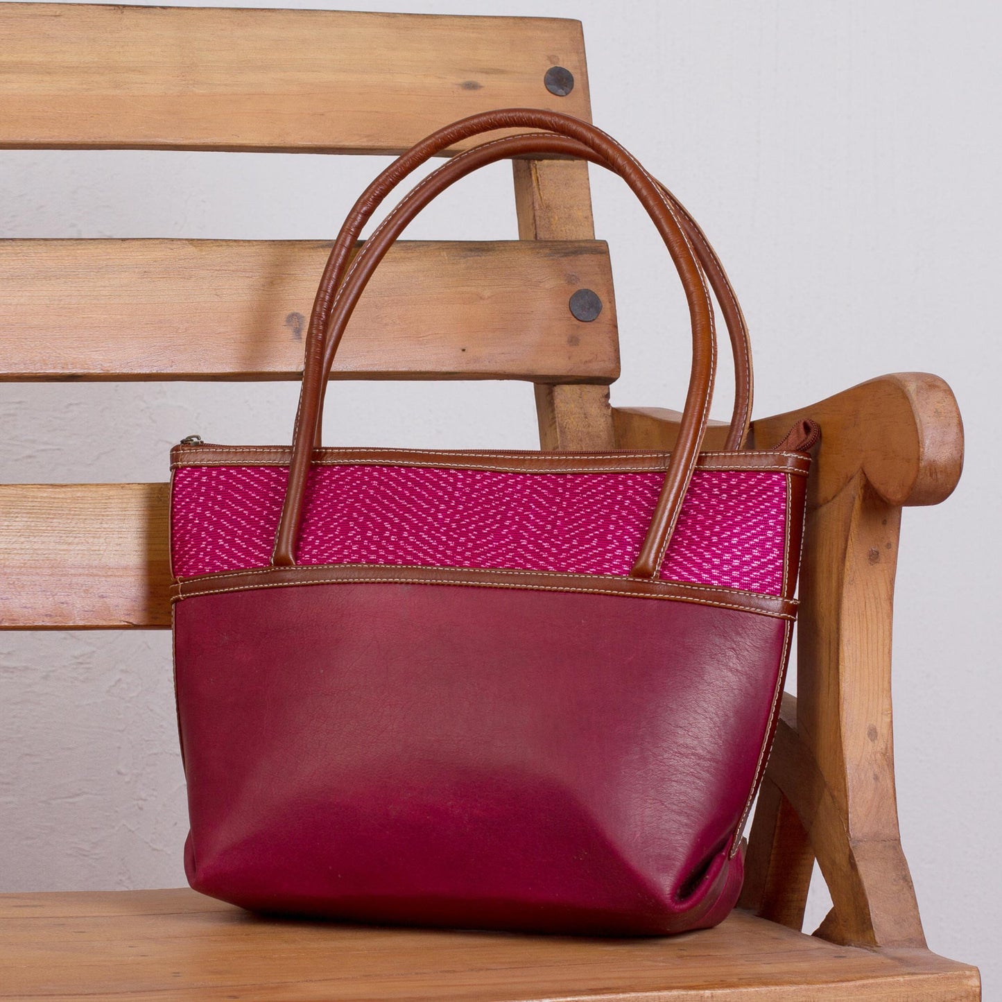'Maroon Intersection' Handcrafted Leather and Palm Shoulder Bag