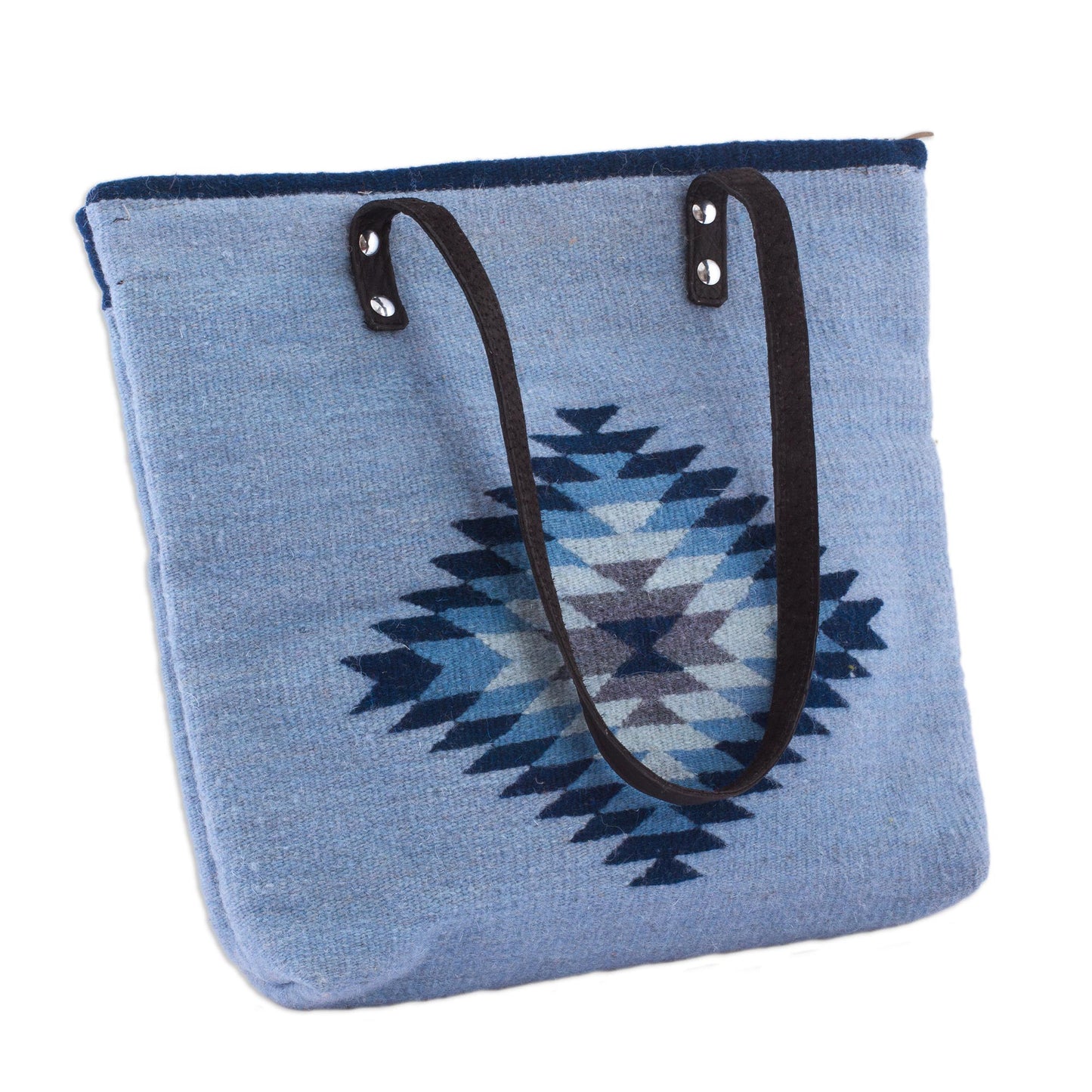 'Mexican Sky' Blue Wool and Leather Accent Tote Handbag