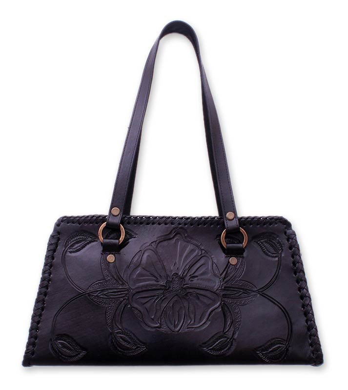 'Midnight Rose' Handcrafted Floral Leather Shoulder Bag