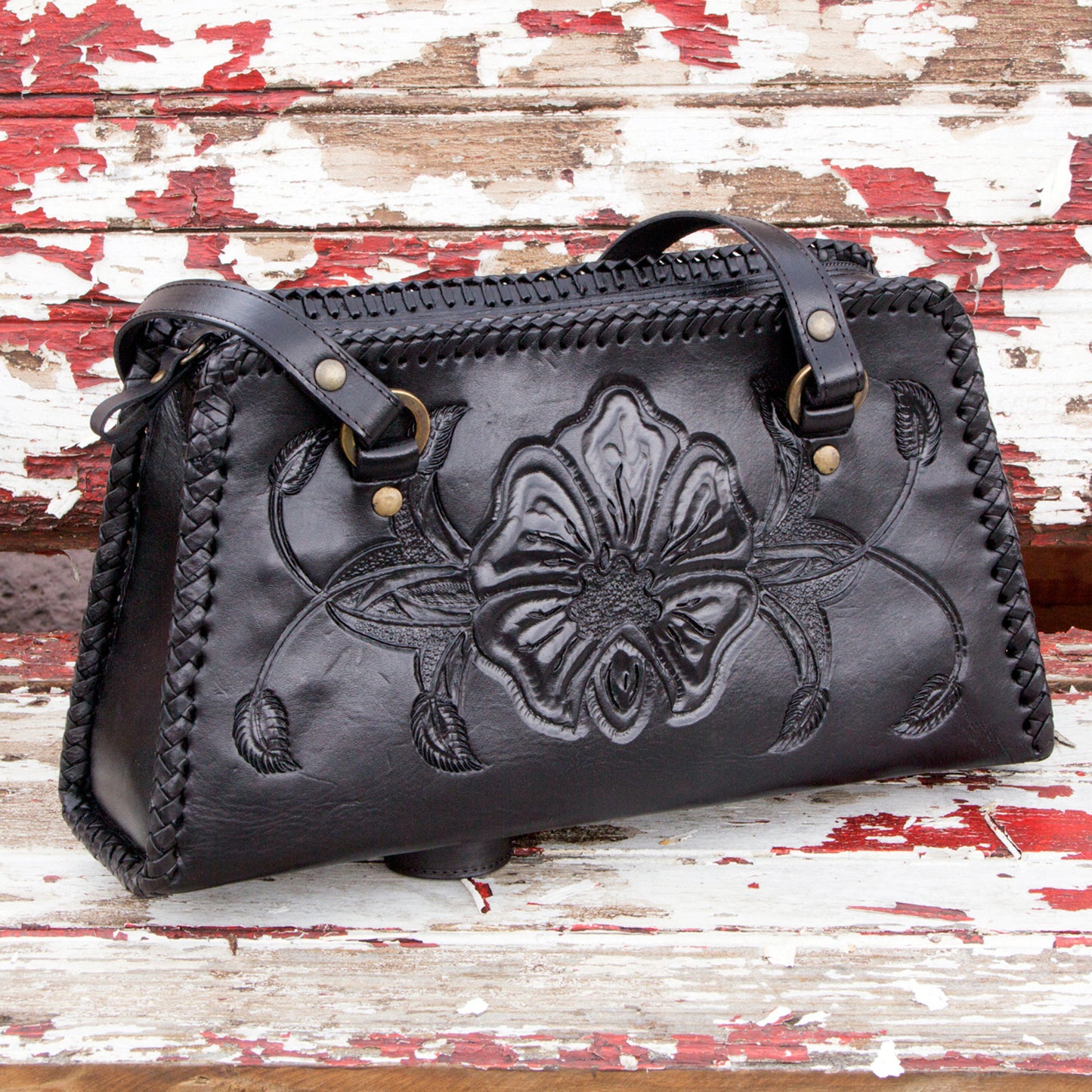 'Midnight Rose' Handcrafted Floral Leather Shoulder Bag