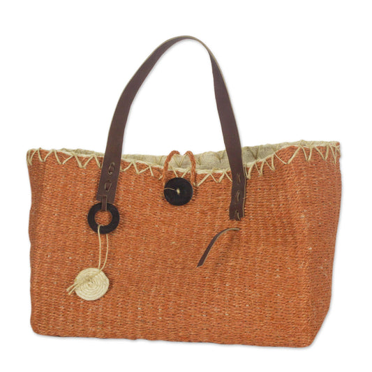 'Milagros Chumuyche' Hand Woven Orange Agave Hand Bag with Leather Handles