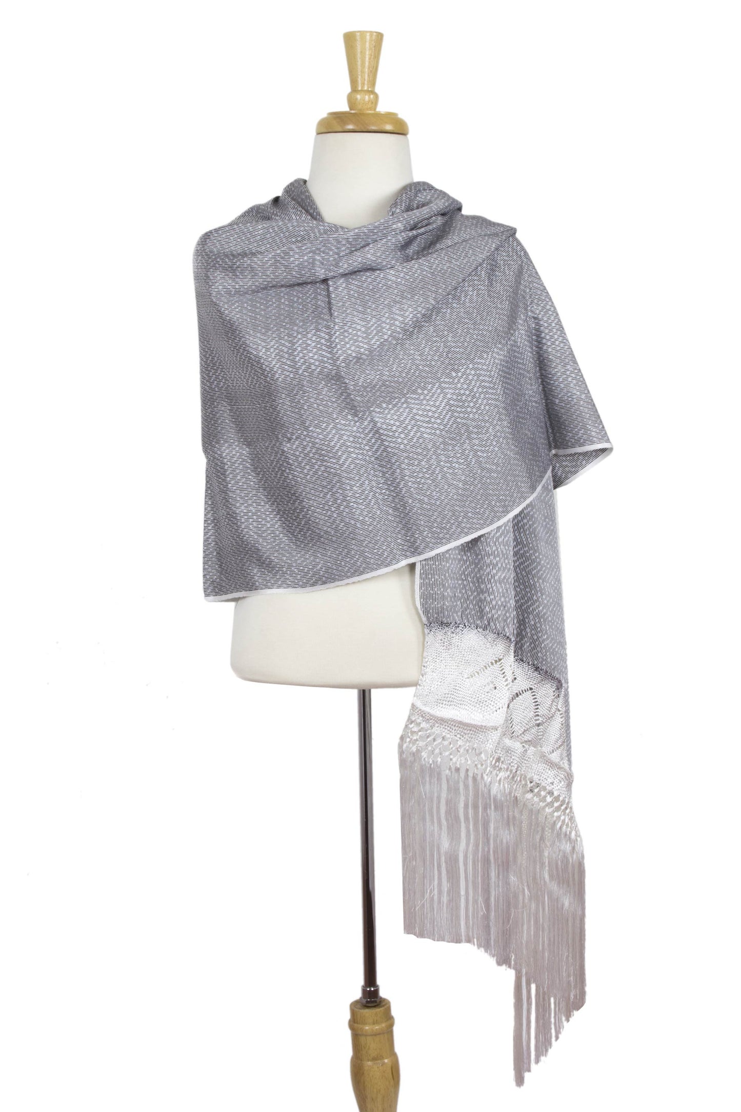 'Myth of Starlight' Hand Woven White-Grey Mexican Rebozo Shawl