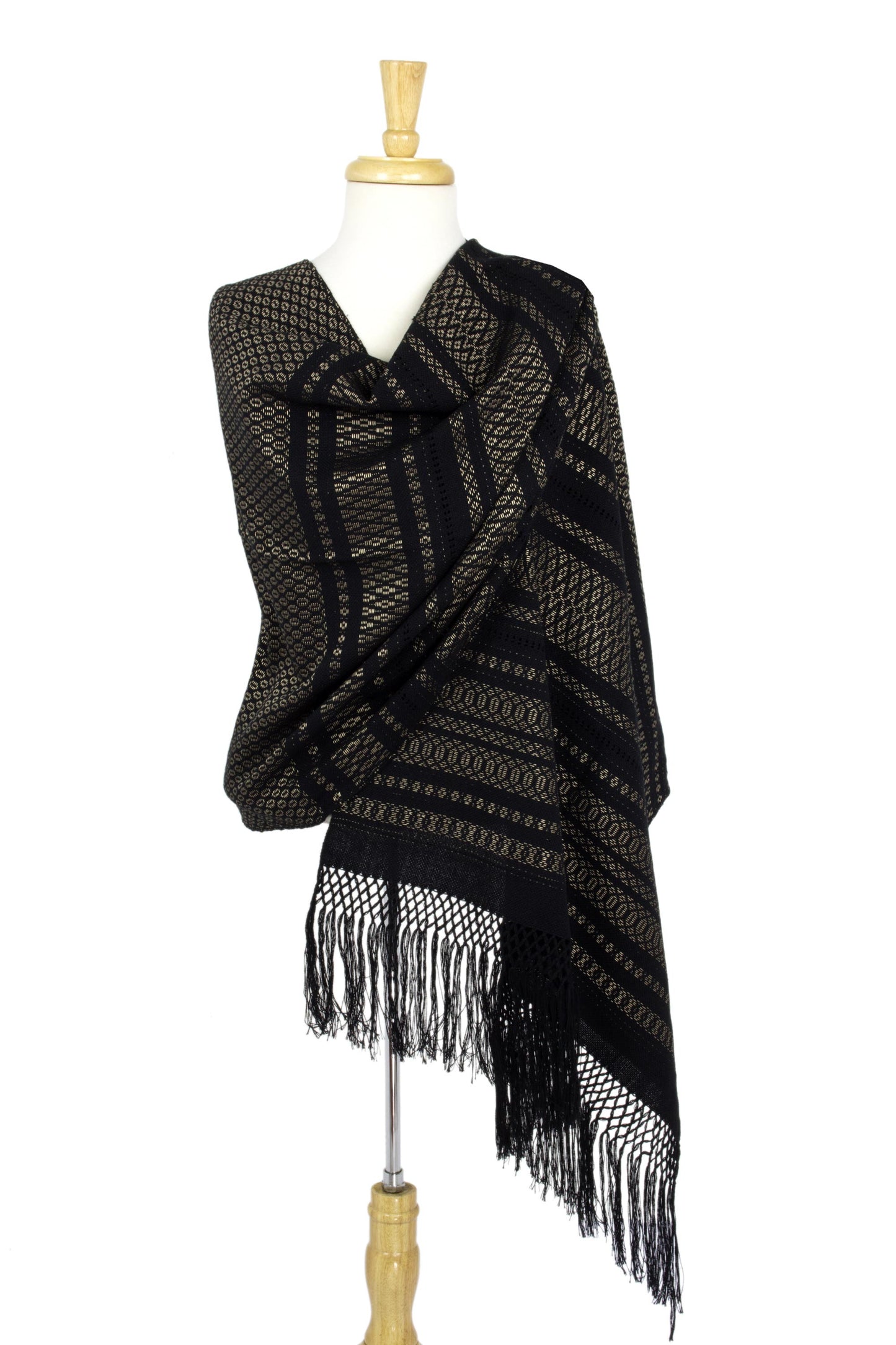 'Night of Golden Stars' Handwoven Black Cotton Rebozo Shawl with Golden Accents